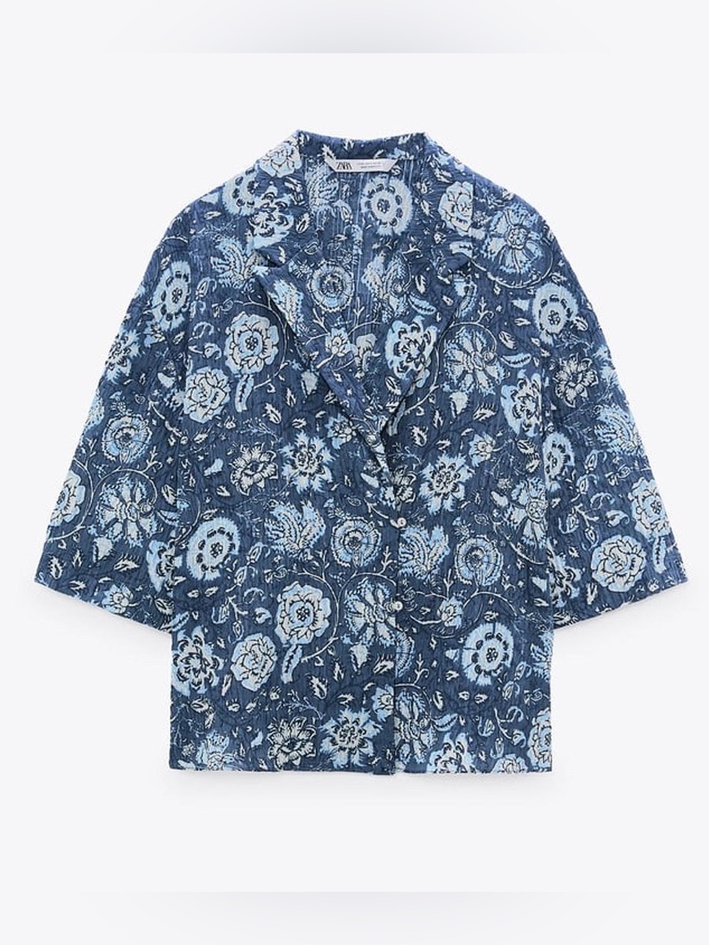Zara Blue White Floral Crinkle Fabric Shirt
